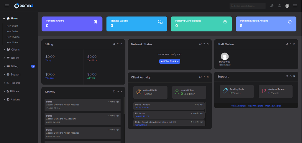 AdminX WHMCS Admin Template preview