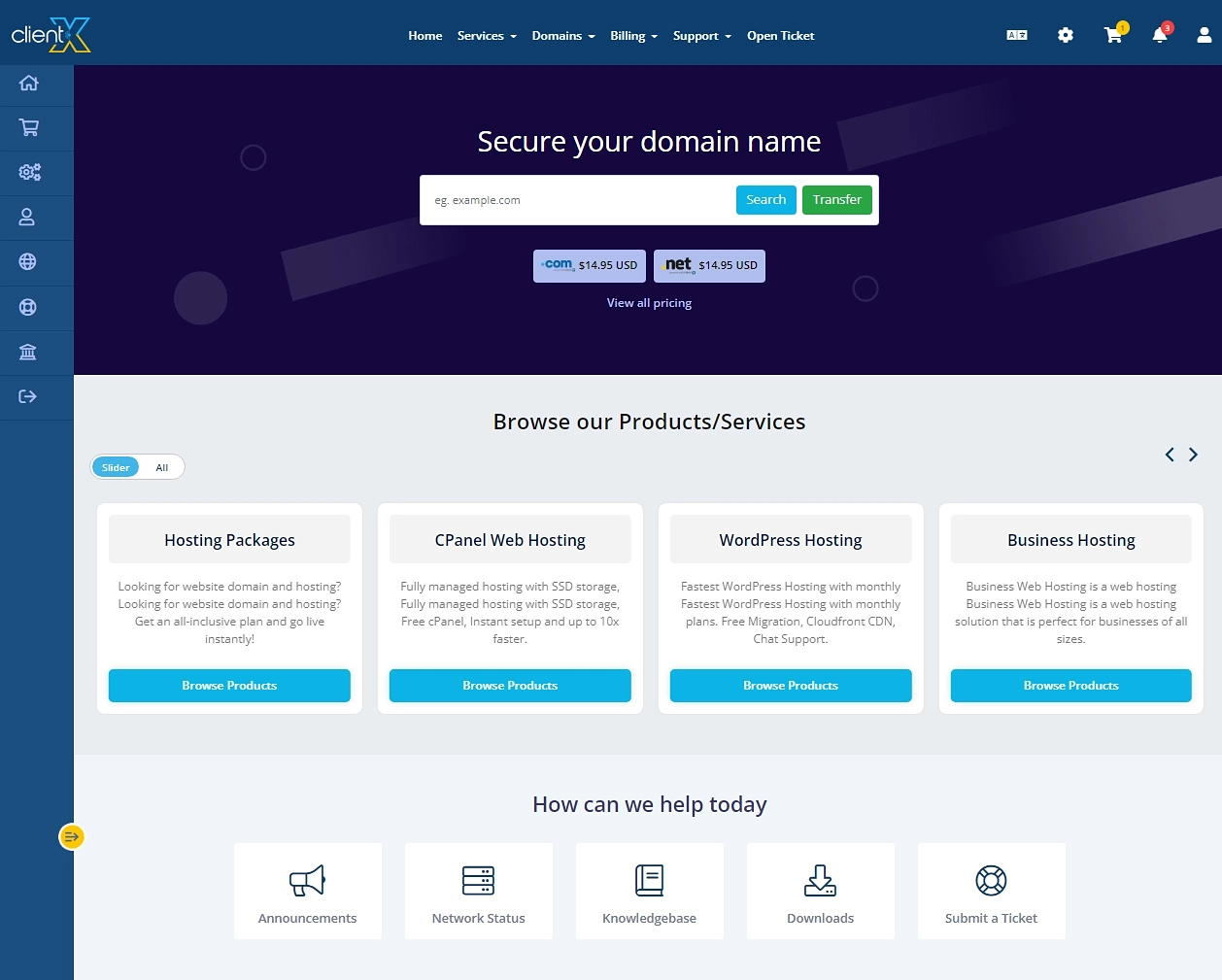 ClientX WHMCS Client Area Template preview